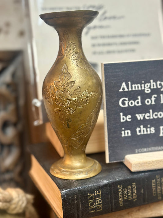Vintage mini brass etched vase