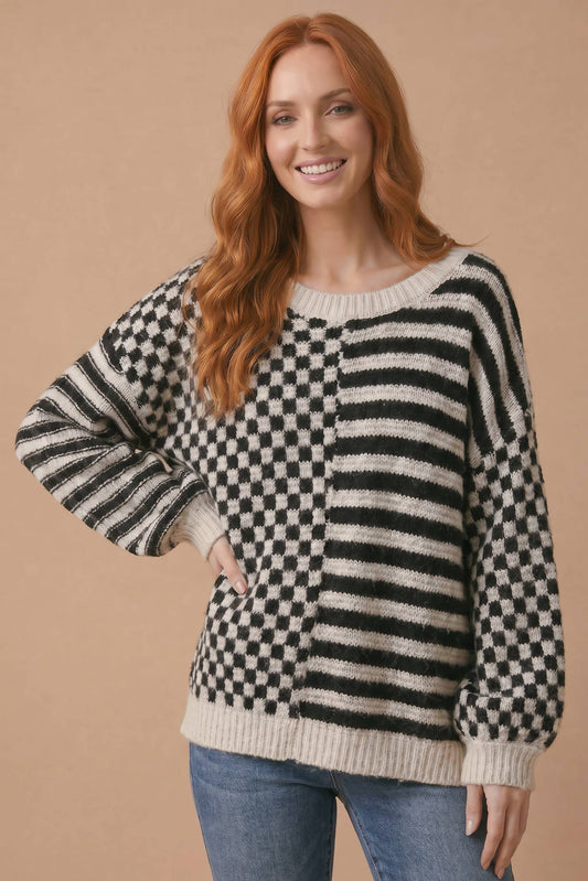 Checker Stripe Color Block Jacquard Sweater: TAUPE/OATMEAL / L