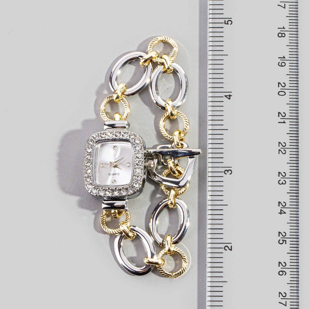Two Tone Cz Toggle Chain Bracelet Watch: GOLDSILVER