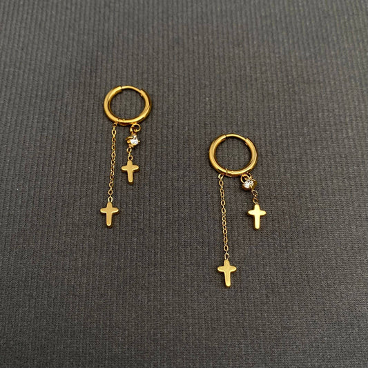 Double Cross 18K Gold Plated S.Steel Huggie Earrings - FGS