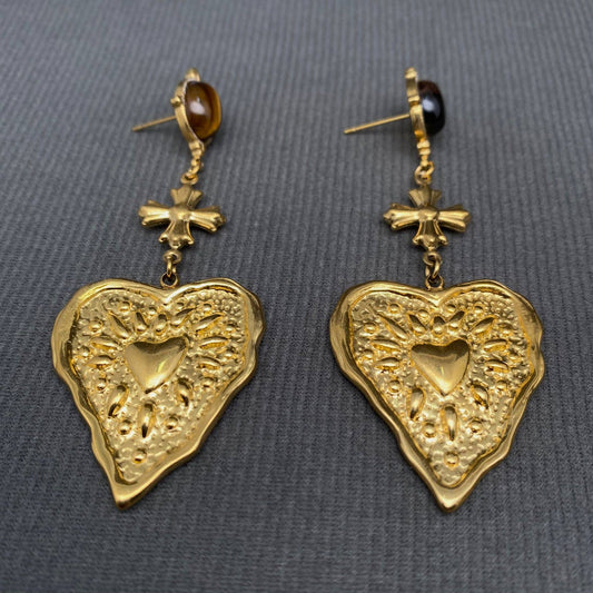 Hammered heart-shaped pattern 18K Golden SS Earrings - FGS