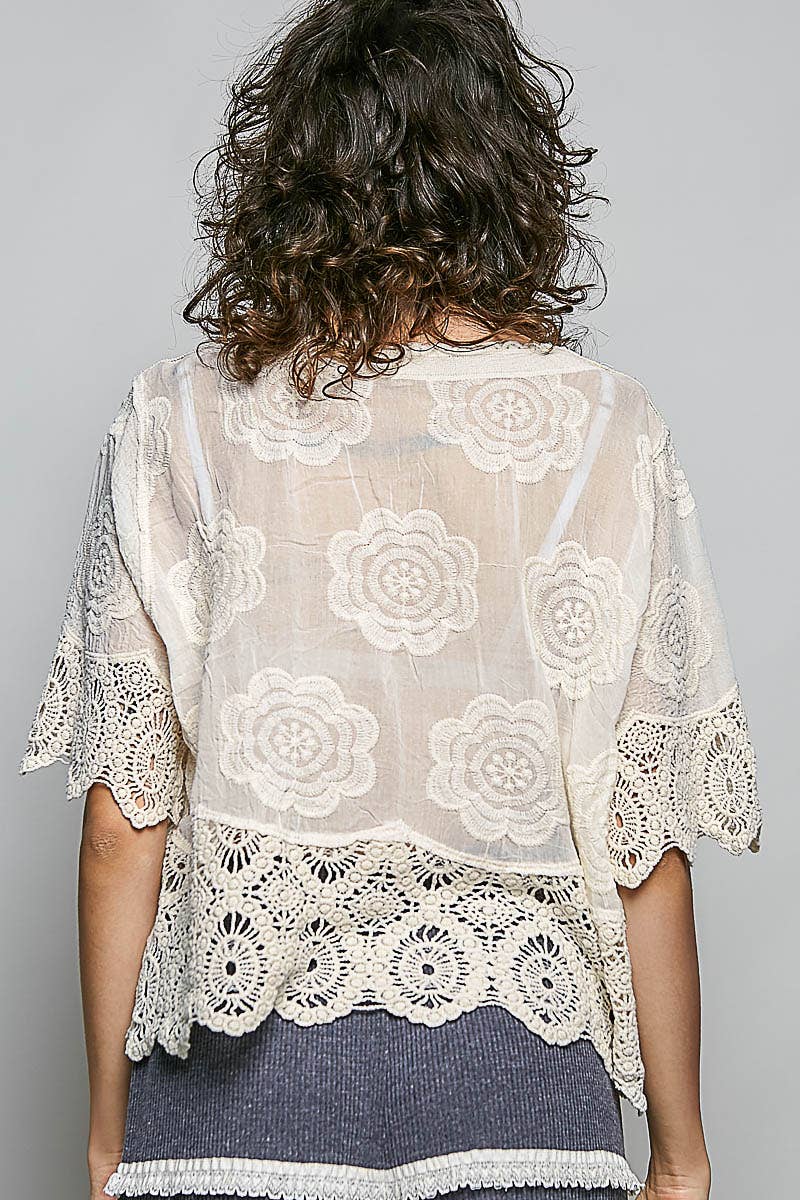 Crochet Trim Neckline Short Sleeve Jacket Top
