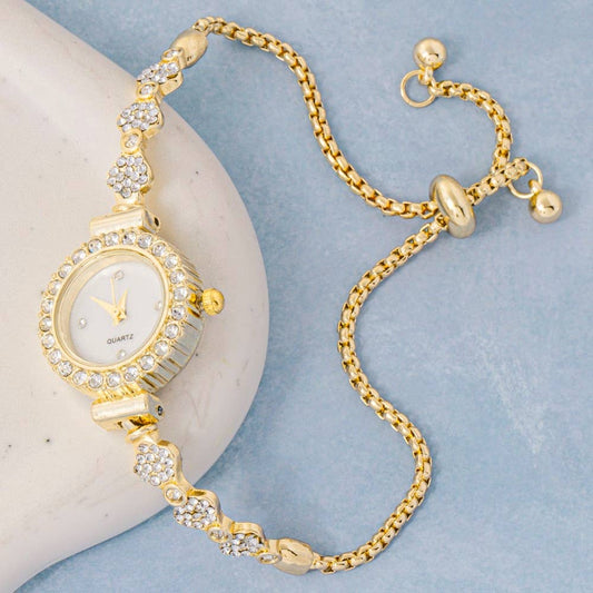 Antique Gold Cz Adjustable Bracelet Watch: G