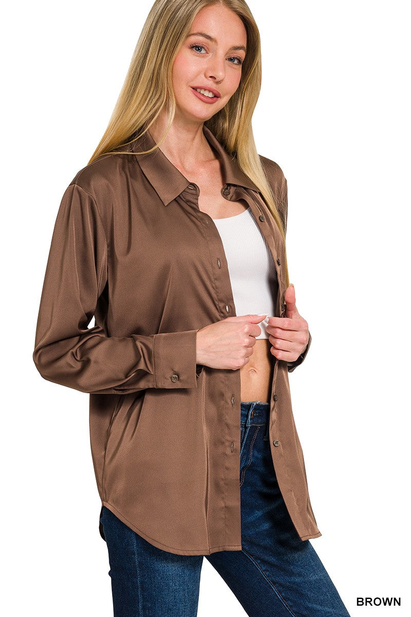 Brown Satin Button Up