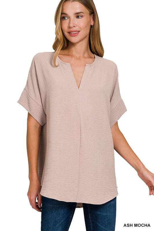 Woven Airflow Split Neck Short Sleeve Top