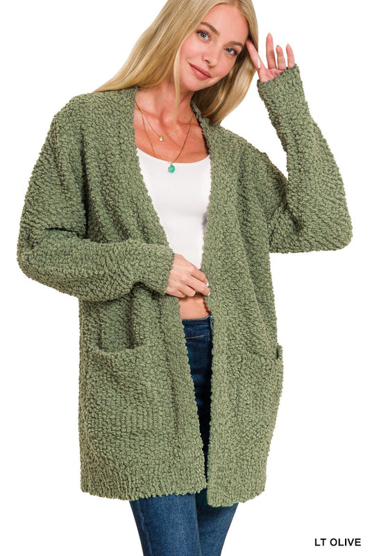 Long Sleeve Popcorn Sweater Cardigan With Pockets
