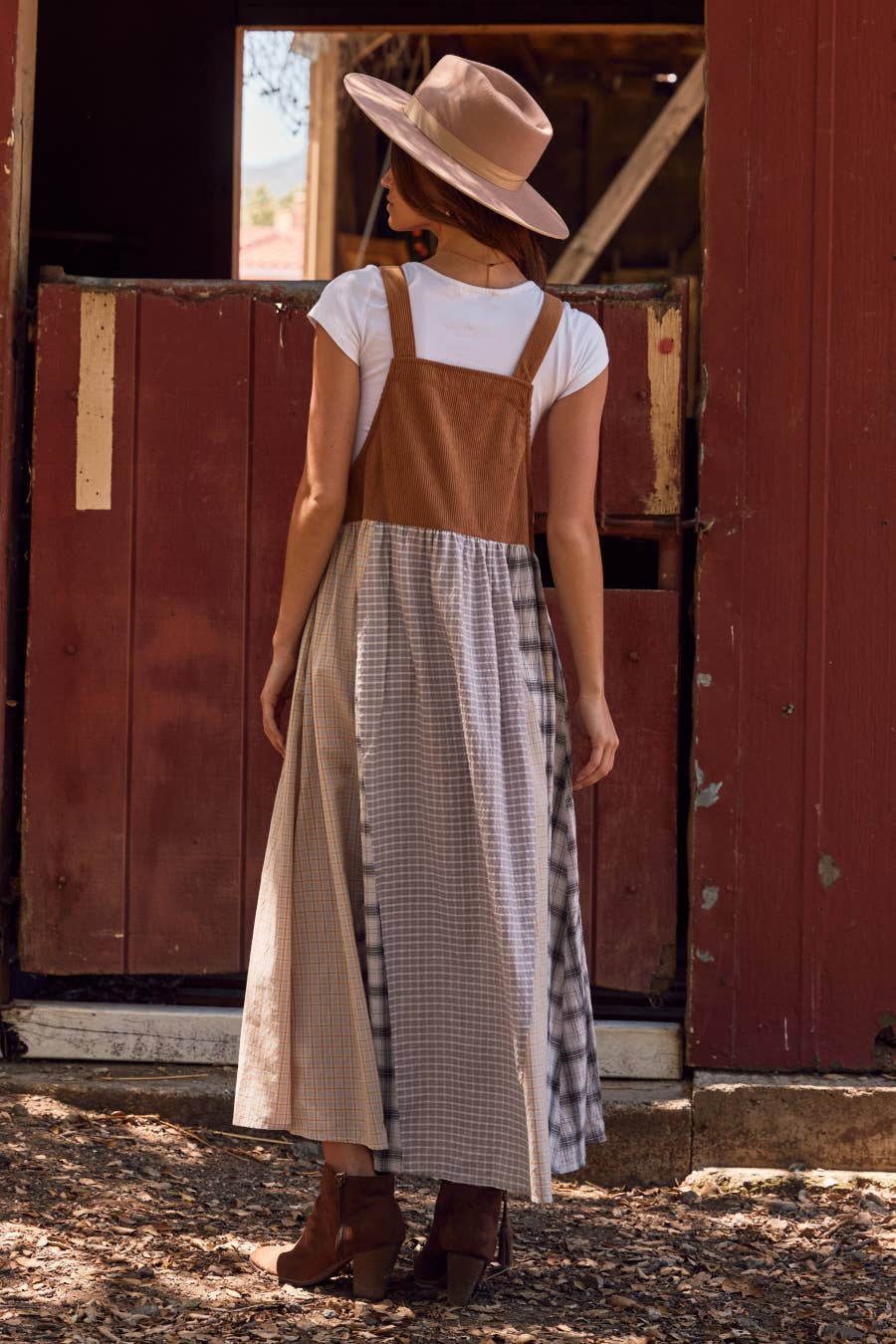 Patchwork Plaid Overall Dress : Taupe Multi / L