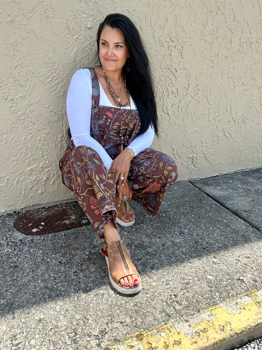 Brown floral overalls