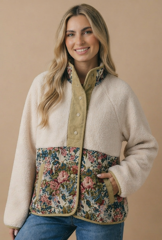 High Neck Snap Button Sherpa Floral Jacket