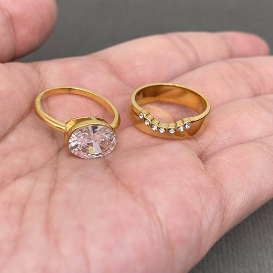 Zircon Inlaid 18K Gold Plated S.Steel Stacked Ring - FGS: 7