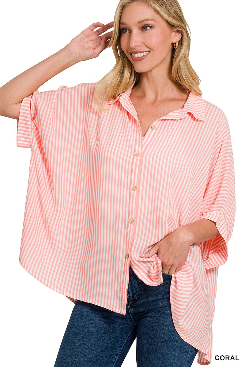 Rayon Striped Short Sleeve Button Up Shirt-3 colors