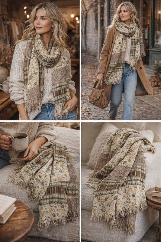 JC022516 Vintage Patchwork Floral & Plaid Scarf Shawl – Soft Lightweight Boho Wrap Cashmere-Blend Scarf: Red