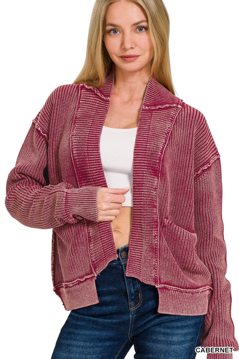 Washed Dropped Shoulder Cardigan W Side Pockets