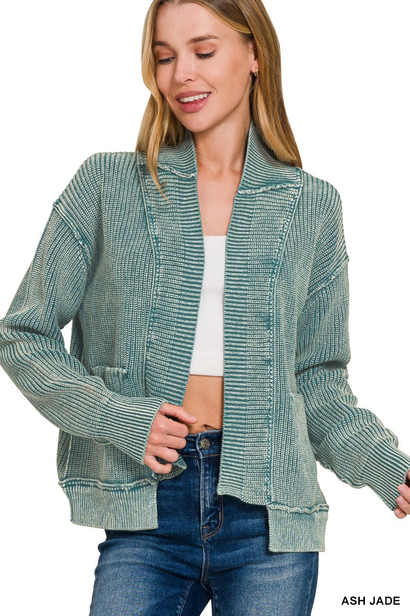 Washed Dropped Shoulder Cardigan W Side Pockets