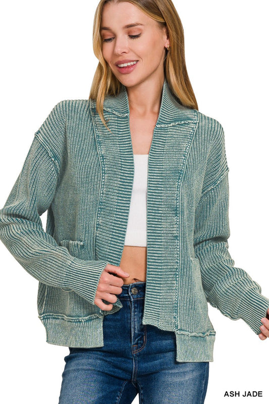 Washed Dropped Shoulder Cardigan W Side Pockets