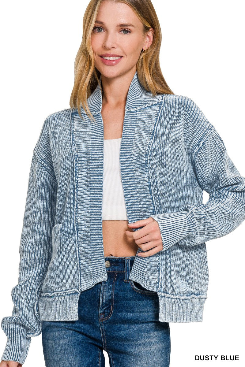 Washed Dropped Shoulder Cardigan W Side Pockets