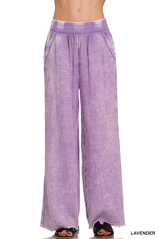 Washed Double Gauze Elastic Band Waist Pants