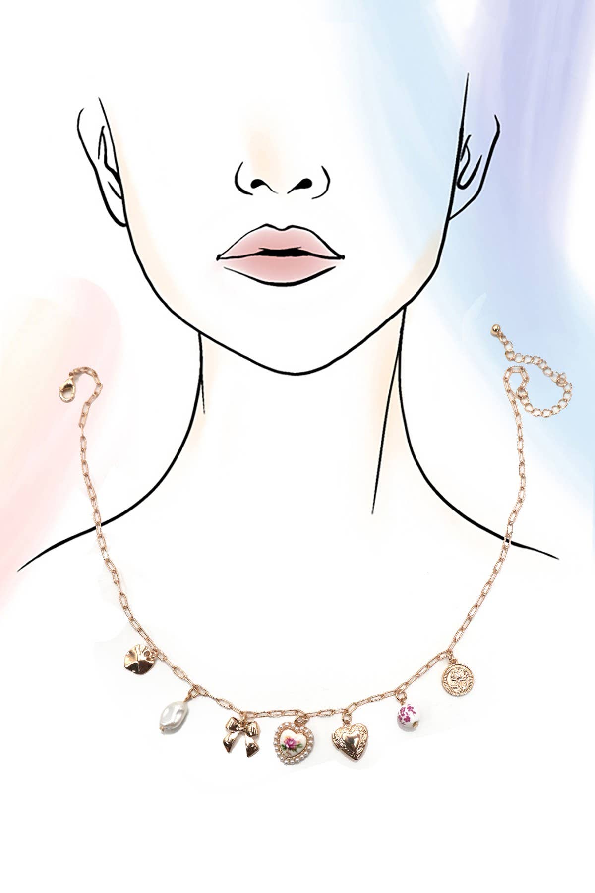 CERAMIC PORCELAIN BOW HEART CHARM LINK NECKLACE | 80N91546: Gold