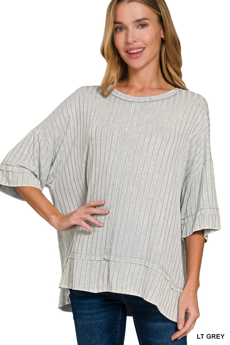 Ribbed Drop Shoulder Half Sleeve Boat-neck Top