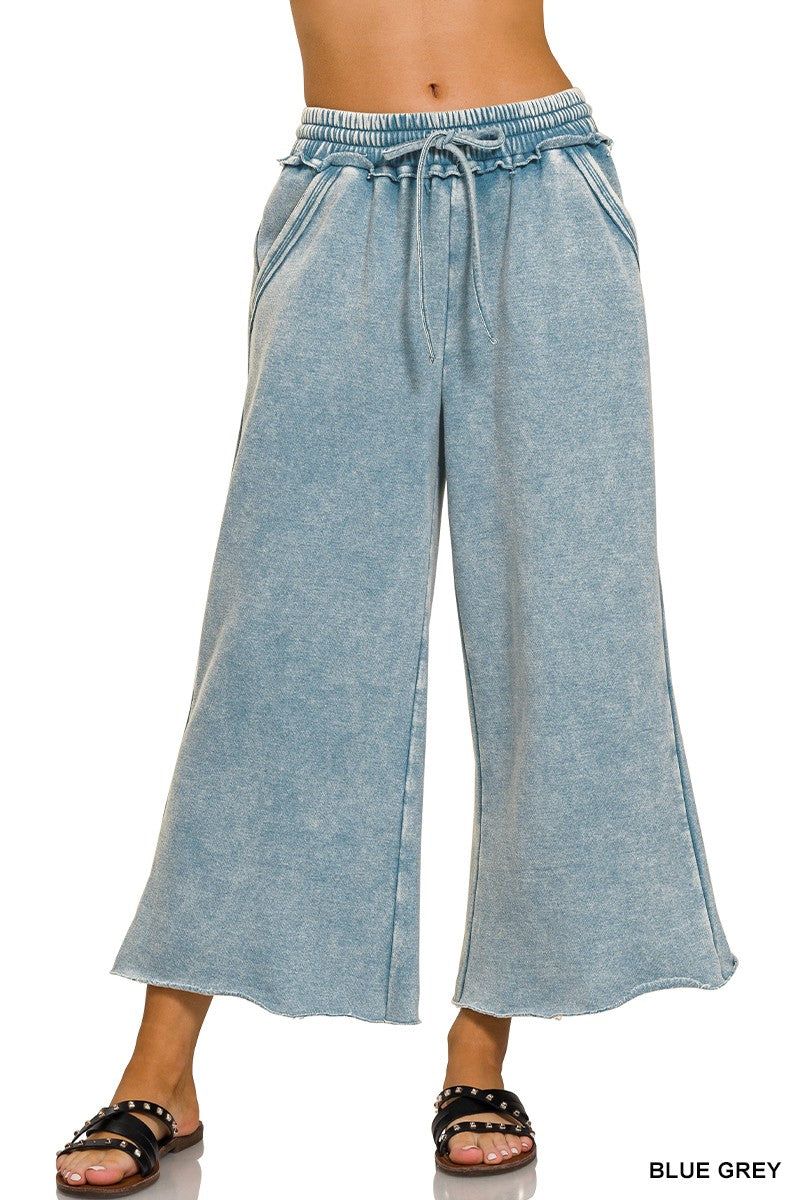 Cropped Acid Wash Fleece Palazzo Sweatpants With Pockets