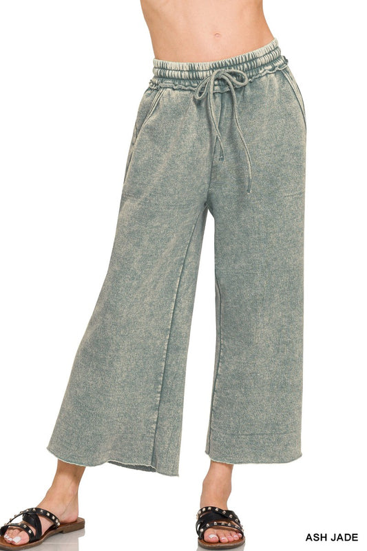 Cropped Acid Wash Fleece Palazzo Sweatpants With Pockets
