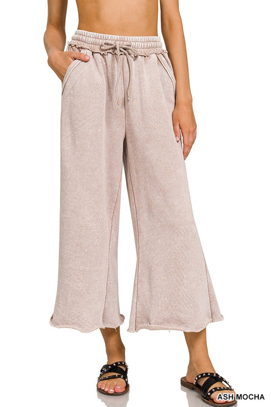Acid Wash Fleece Palazzo Sweatpants With Pockets