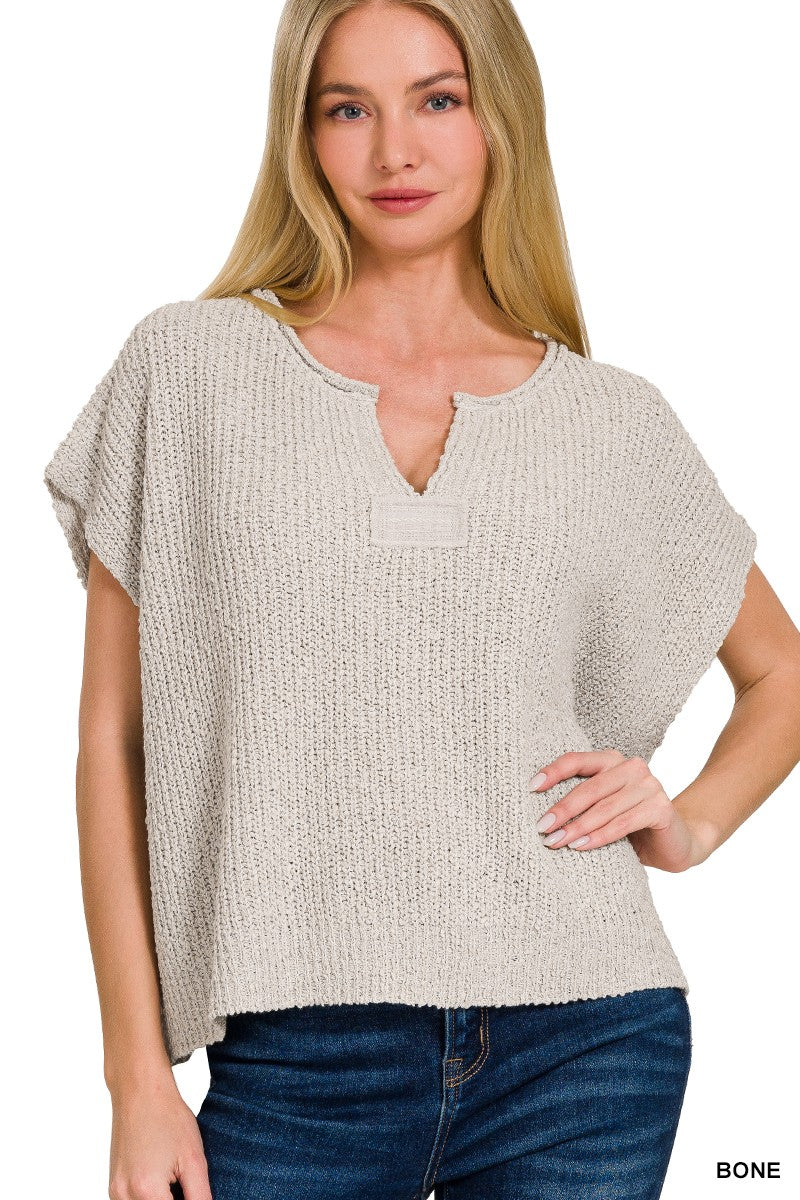 Back Patch Rolled Split-neck Side Slit Pullover