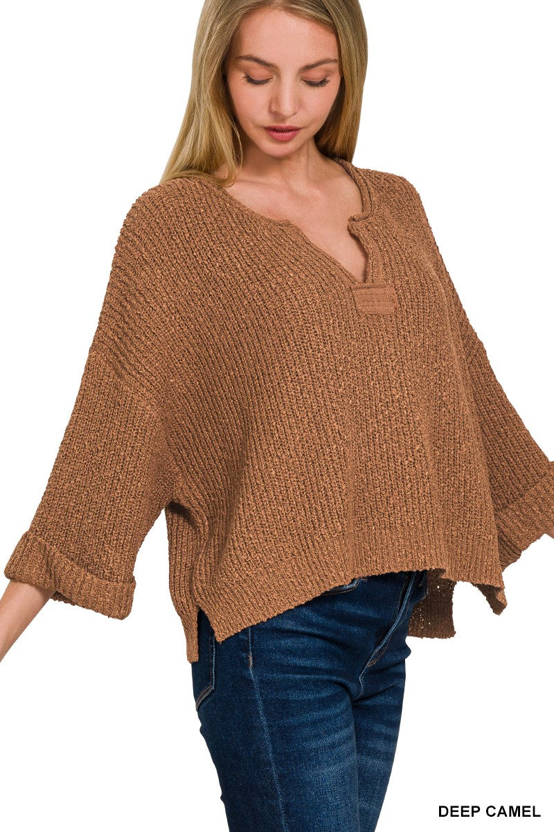 Front Slit Patch Folded Sleeve Pullover