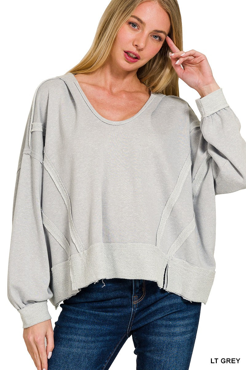 Contrast Trim Top-stitching Slit Raw Hem Hoodie