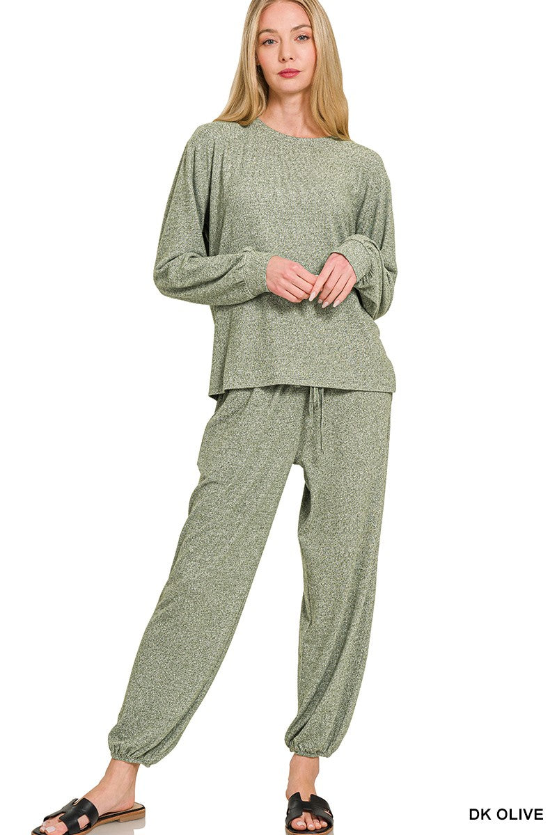 Soft Melange Hacci Long Slv Top & Joggers Set