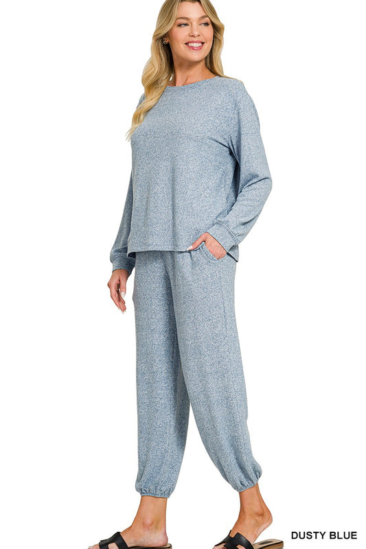 Soft Melange Hacci Long Slv Top & Joggers Set