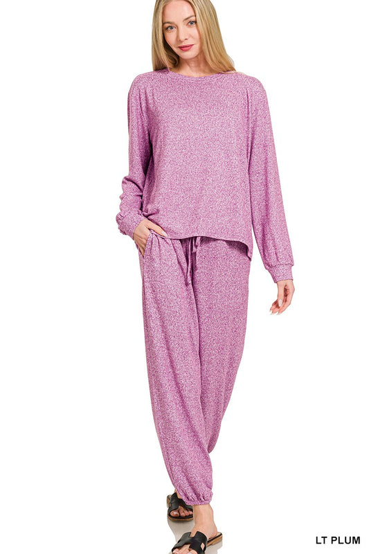 Soft Melange Hacci Long Slv Top & Joggers Set