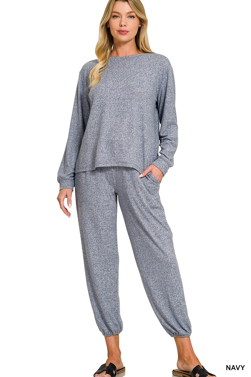 Soft Melange Hacci Long Slv Top & Joggers Set