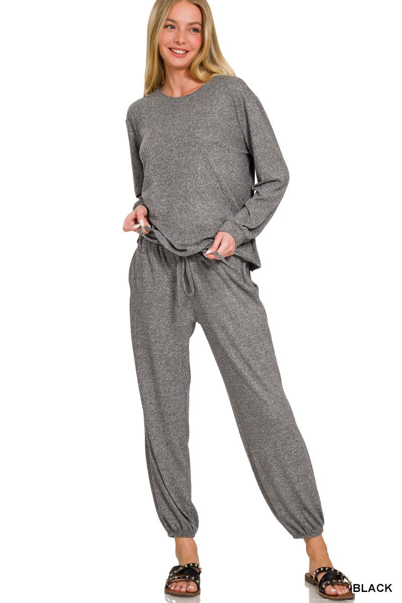 Soft Melange Hacci Long Slv Top & Joggers Set
