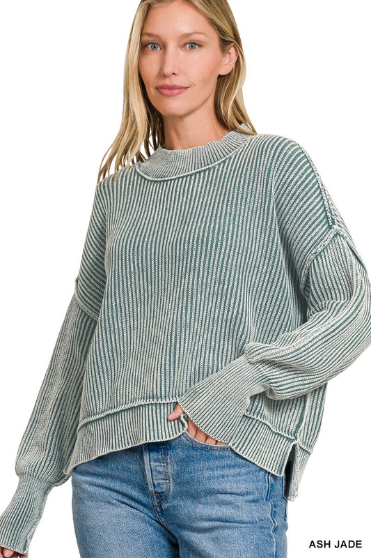 Washed Side Slit Oversized Cropped Sweater