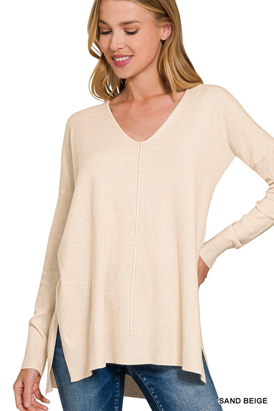 Hi-low Hem V-neck Center Seam Sweater