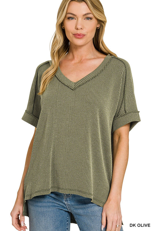 Raised Rib Short Sleeve Hi-low V Neck Top