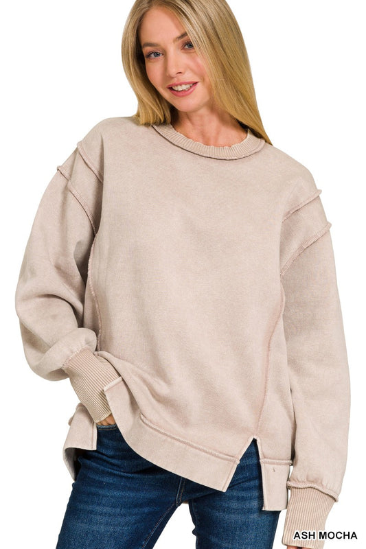 Acid Wash Exposed-seam Fleece Sweatshirt