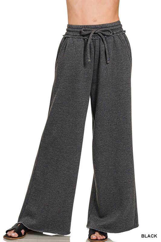 Acid Wash Fleece Palazzo Sweatpants With Pockets