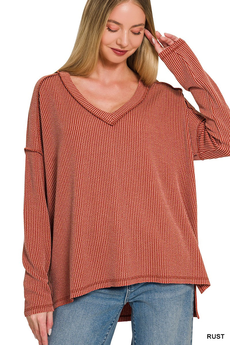 Raised Rib Long Sleeve Hi-low V Neck Top