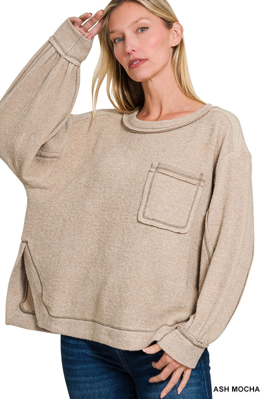 Brushed Hacci Hi-low Round Neck Sweater