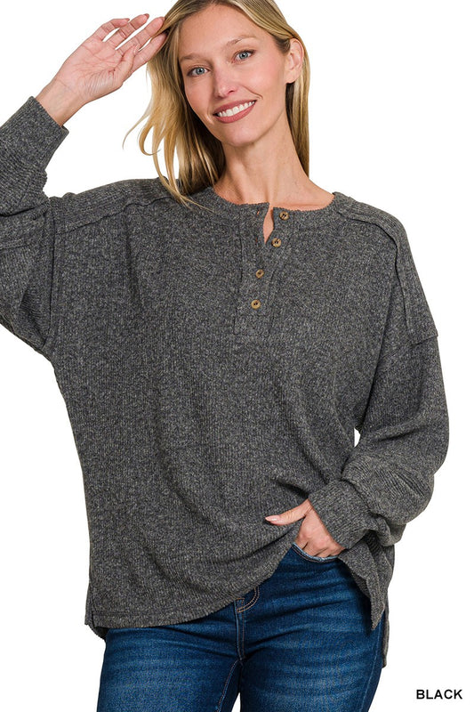 Ribbed Brushed Hacci Melange Henley Sweater
