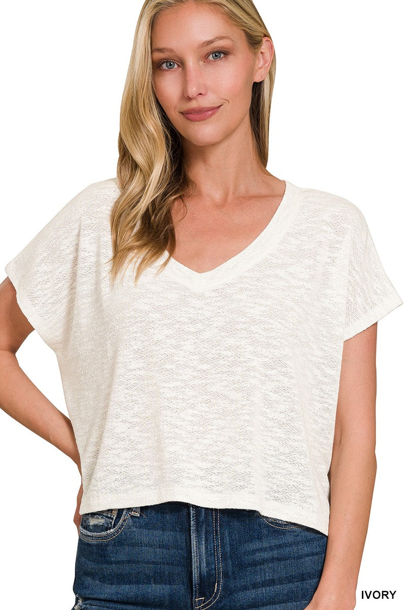 Hacci Slub V-neck Drop Shoulder Crop Top