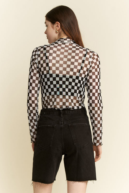 Checkered Mesh long sleeve Top