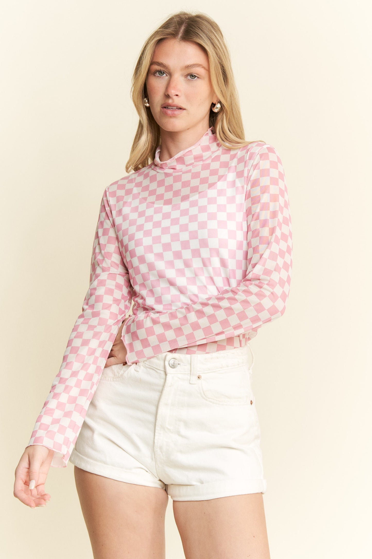 Checkered Mesh long sleeve Top