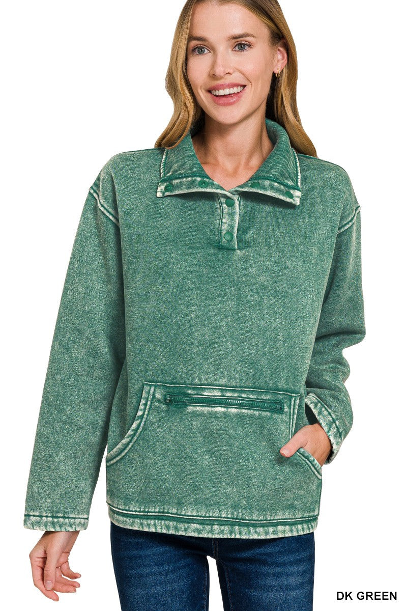 Fleece Washed High Neck Kangaroo Pocket Pullover