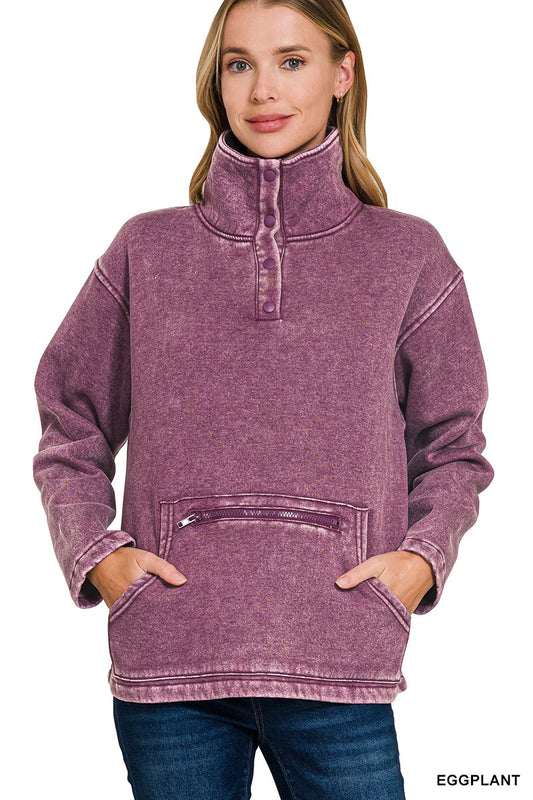 Fleece Washed High Neck Kangaroo Pocket Pullover
