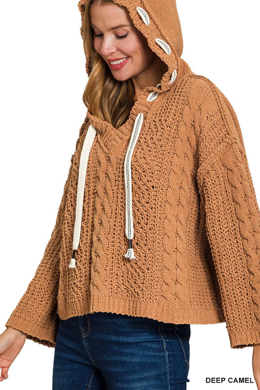 Cable Drawstring Hooded Sweater