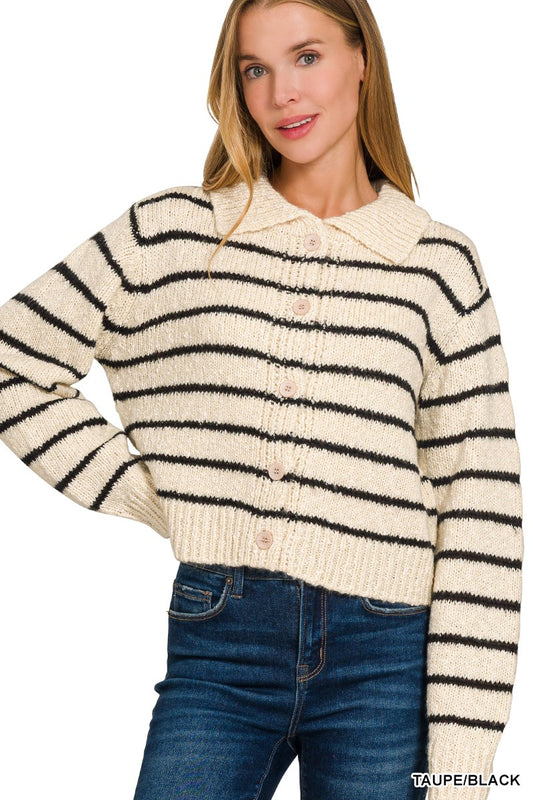 Striped Collared 5 Button Cardigan