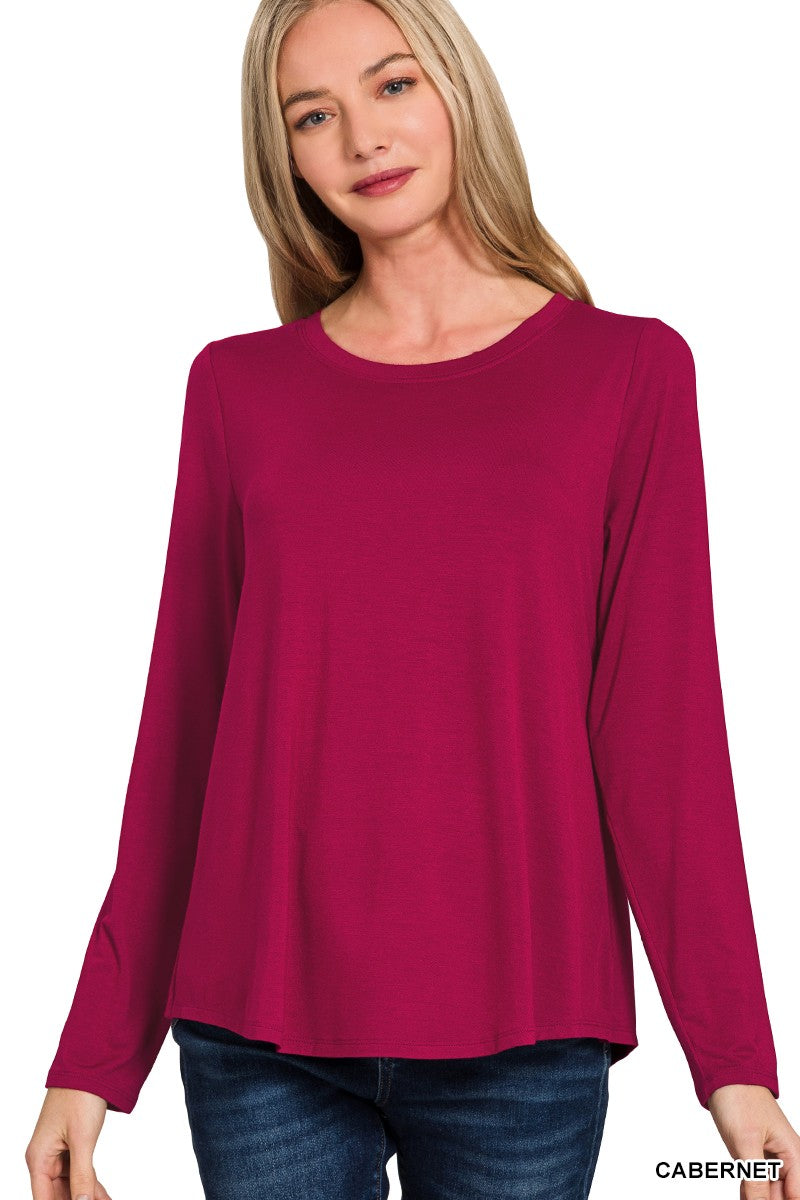 Flowy Round Hem Rayon Long Sleeve Top